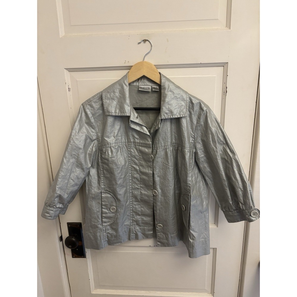 Chico's‎ Women's Silver Shimmer 100% Linen Jacket/ Wind Breaker Size 1 (US 8)